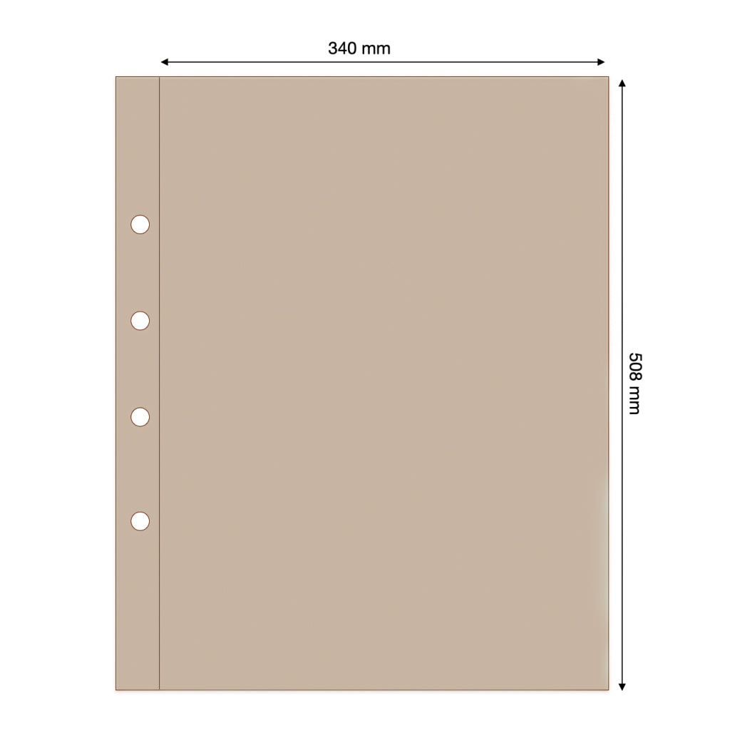 Illustration representing a tan album page with the pocket dimensions on a white background