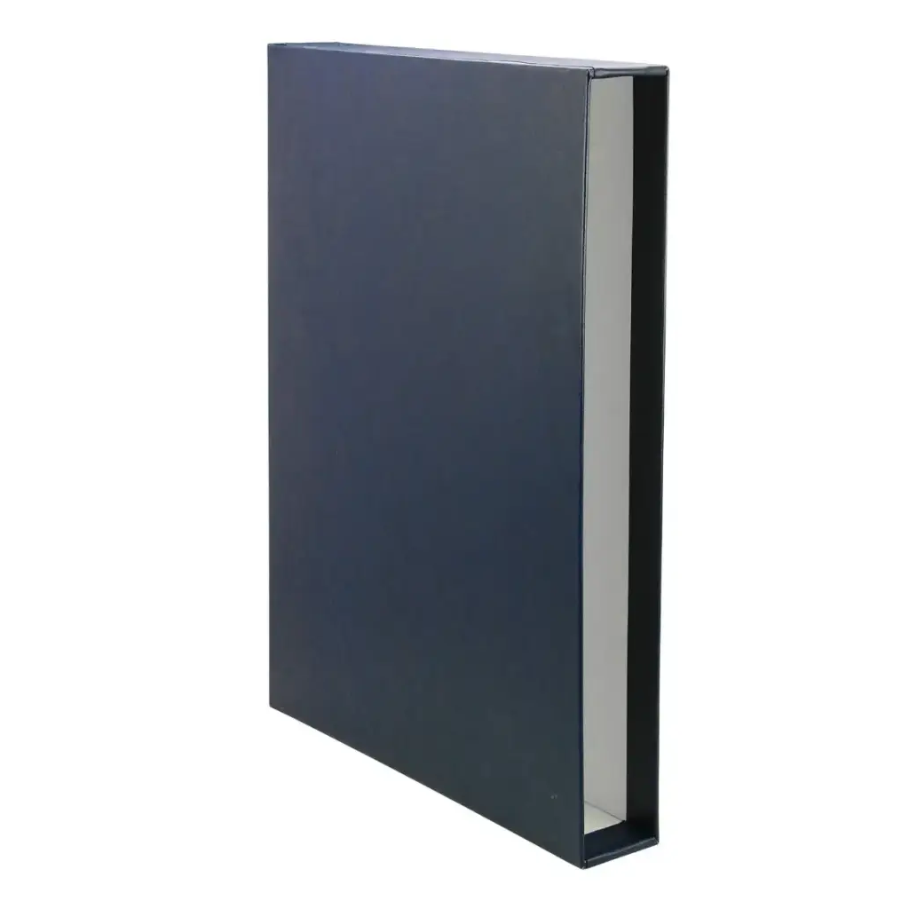 Navy blue album slipcase on a white background.