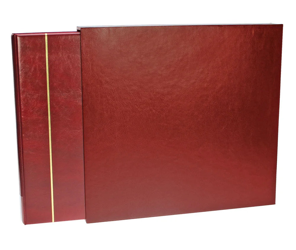 Red Maxi XL Album being inserted into the Red Maxi XL slipcase on a white background