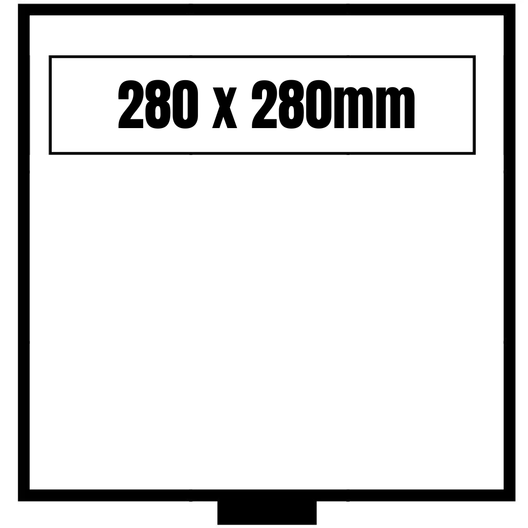 White & black illustration representing the coin drawer layout with dimensions 280 x 280mm on a white background