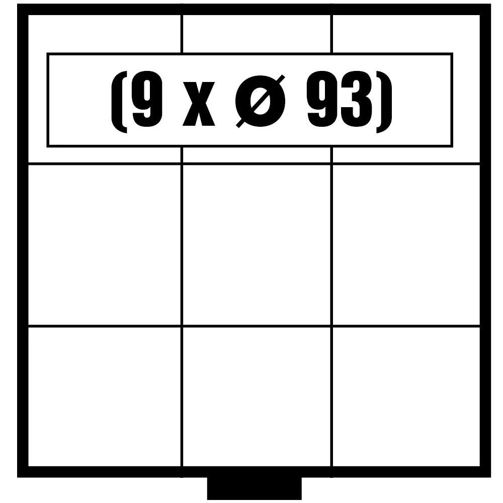 White & black grid pattern illustrated representing the coin drawer layout with the numbers 9 x 93mm on a white background