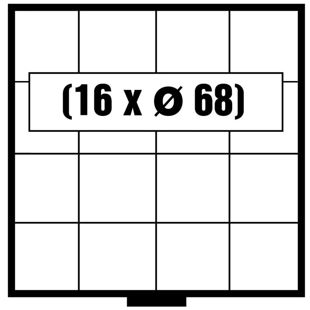 White & black grid pattern illustrated representing the coin drawer layout with the numbers 16 x 68mm on a white background