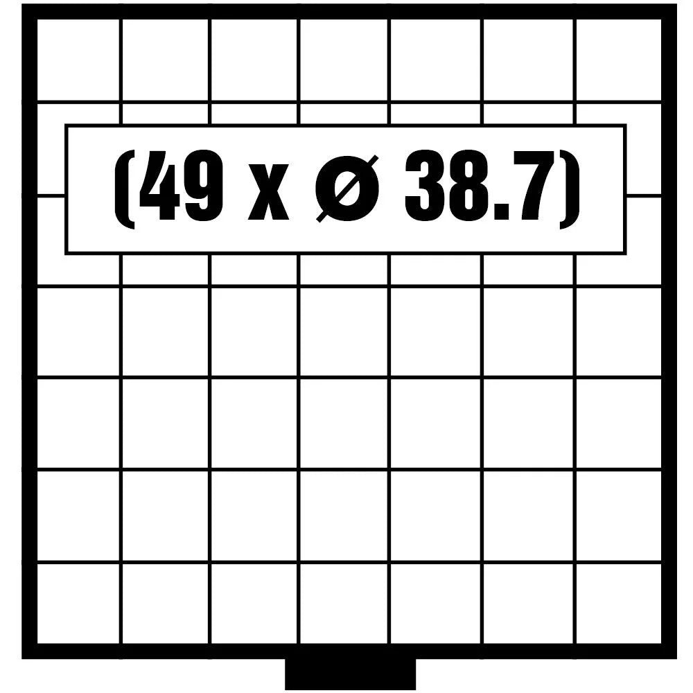 White & black grid pattern illustrated representing the coin drawer layout with the numbers 49 x 38.7mm on a white background