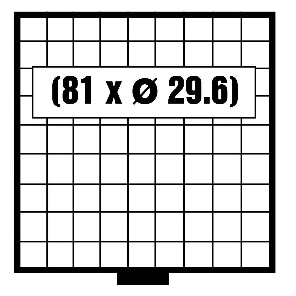 White & black grid pattern illustrated representing the coin drawer layout with the numbers 81 x 29.6mm on a white background