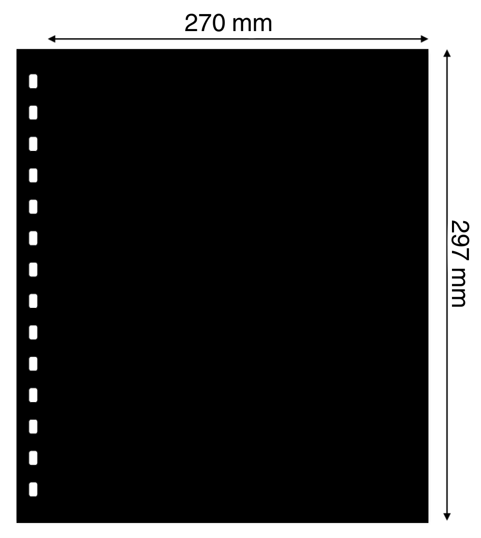 Illustration representing a black album page interleave with the dimensions on a white background