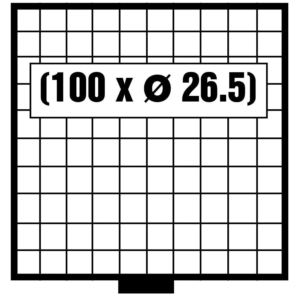 White & black grid pattern illustrated representing the coin drawer layout with the numbers 100 x 26.5mm on a white background