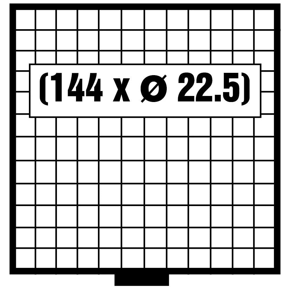 White & black grid pattern illustrated representing the coin drawer layout with the numbers 144 x 22.5mm on a white background