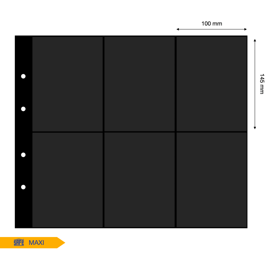 Illustration representing a black album page with the pocket dimensions on a white background
