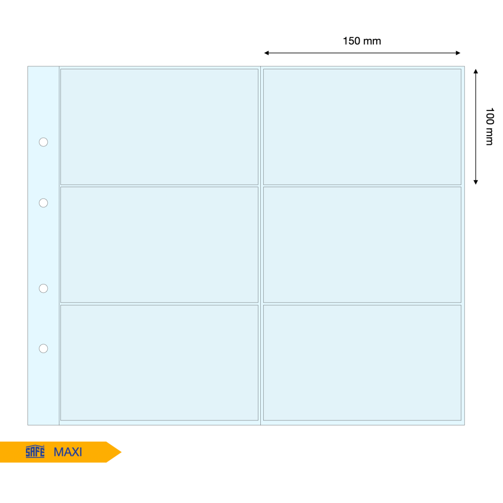 Light blue illustration representing a transparent album page with the pocket dimensions on a white background