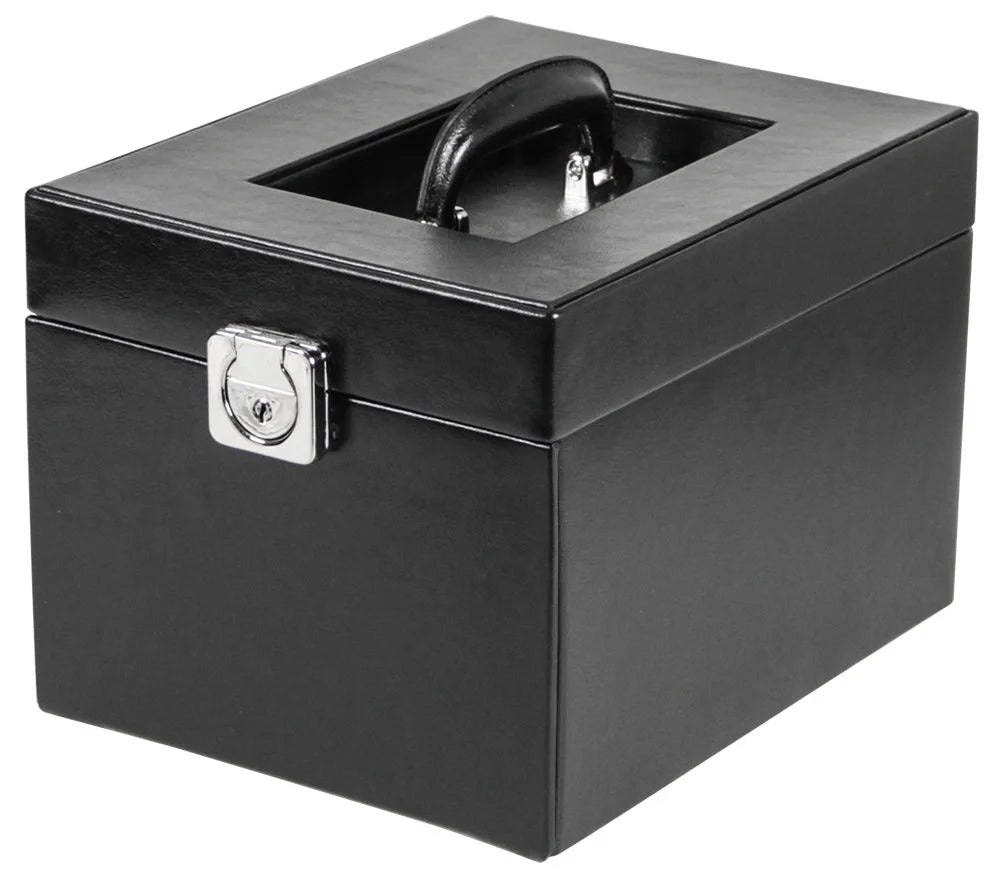 Black coin case closed with a handle and snaplock on a white background