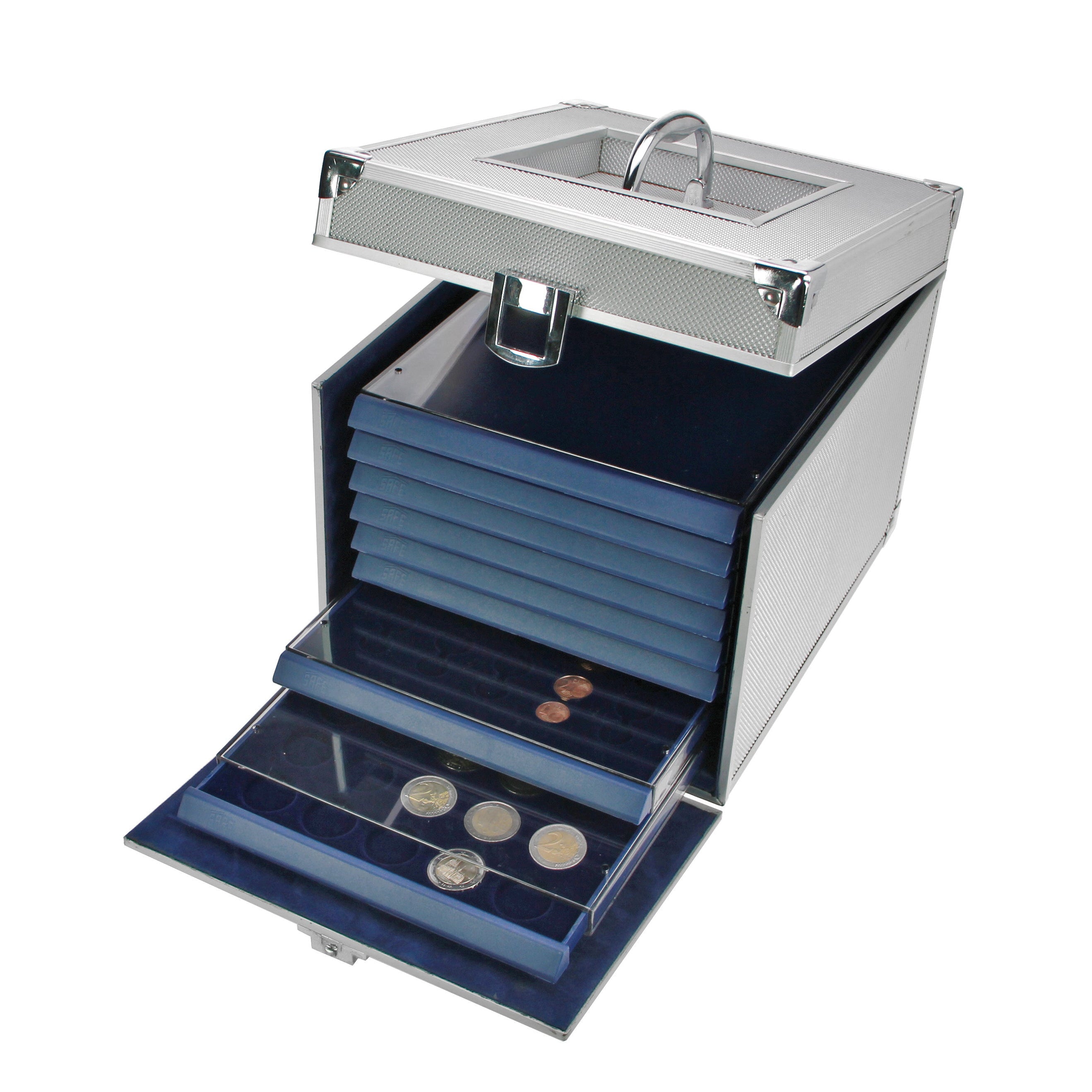 Open aluminum coin case with a handle and snaplock showing stacked acrylic drawers on a white background