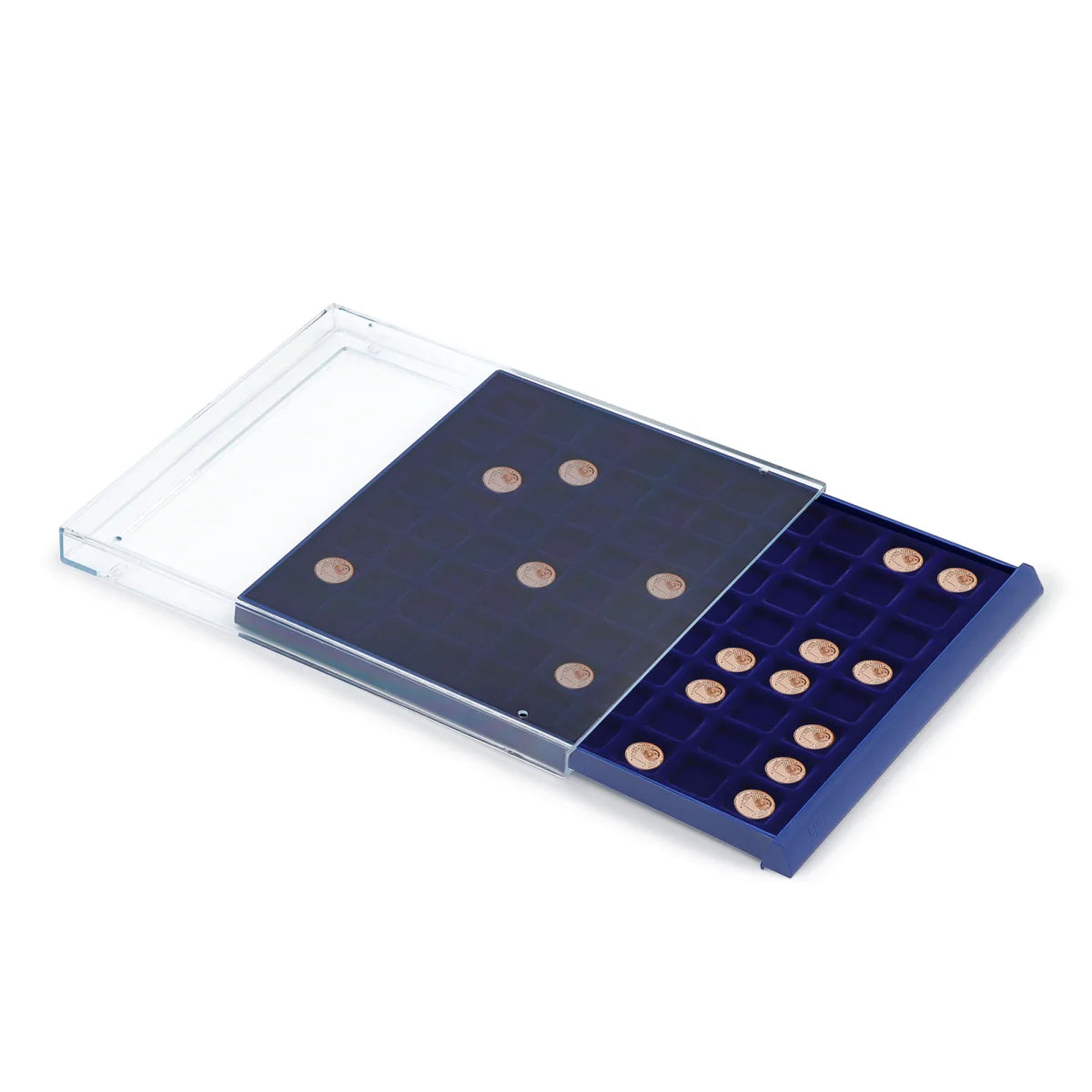 Open acrylic stackable drawer unit with a blue velvet tray and square compartments with small copper coins on a white background