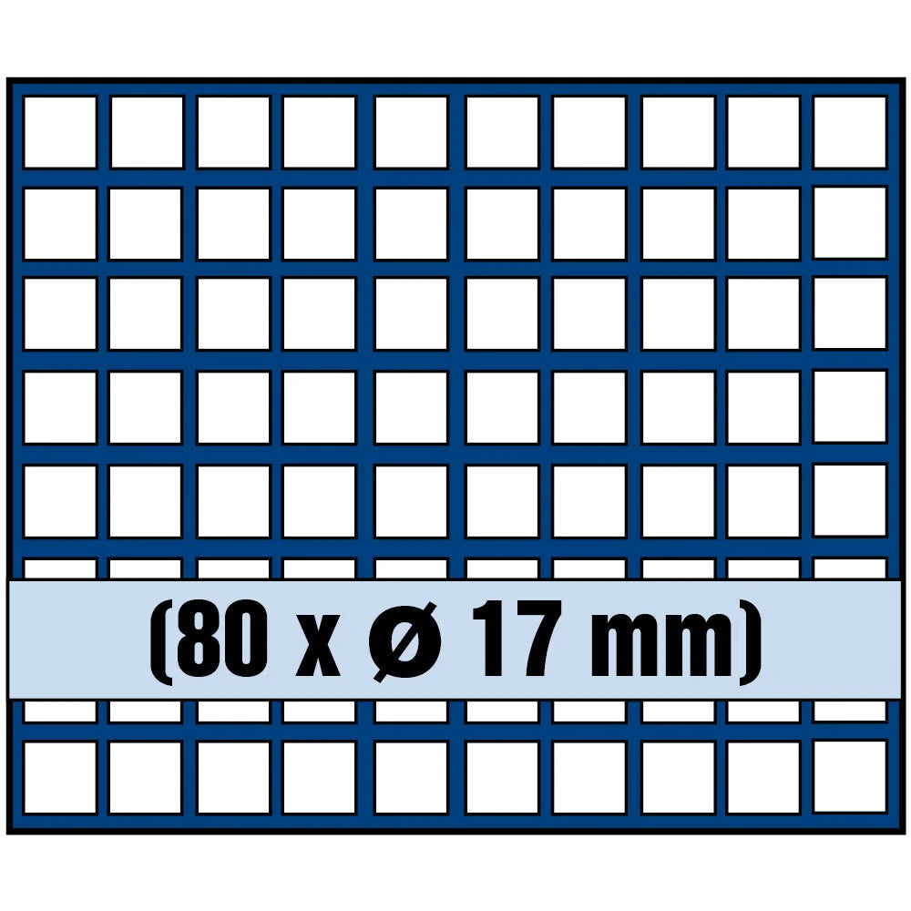 Grid illustration of Nova coin tray with white squares representing the compartments and written dimensions 80 x Ø 17mm on a white background