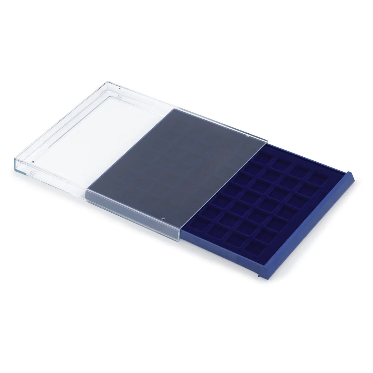 Open acrylic stackable drawer unit with a blue velvet tray and square compartments for coins on a white background
