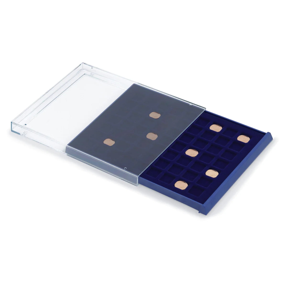 Open acrylic stackable drawer unit with a blue velvet tray and square compartments with small copper coins on a white background