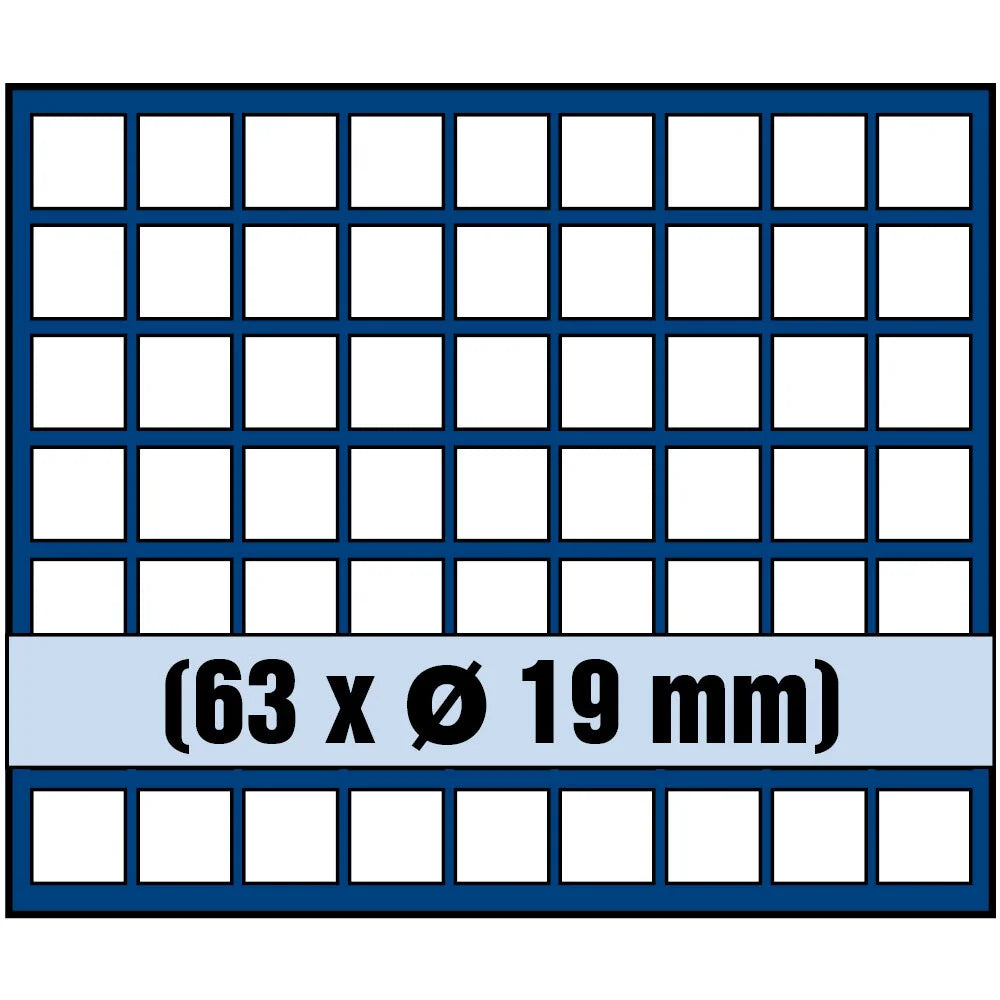 Grid illustration of Nova coin tray with white squares representing the compartments and written dimensions 63 x Ø 19mm on a white background