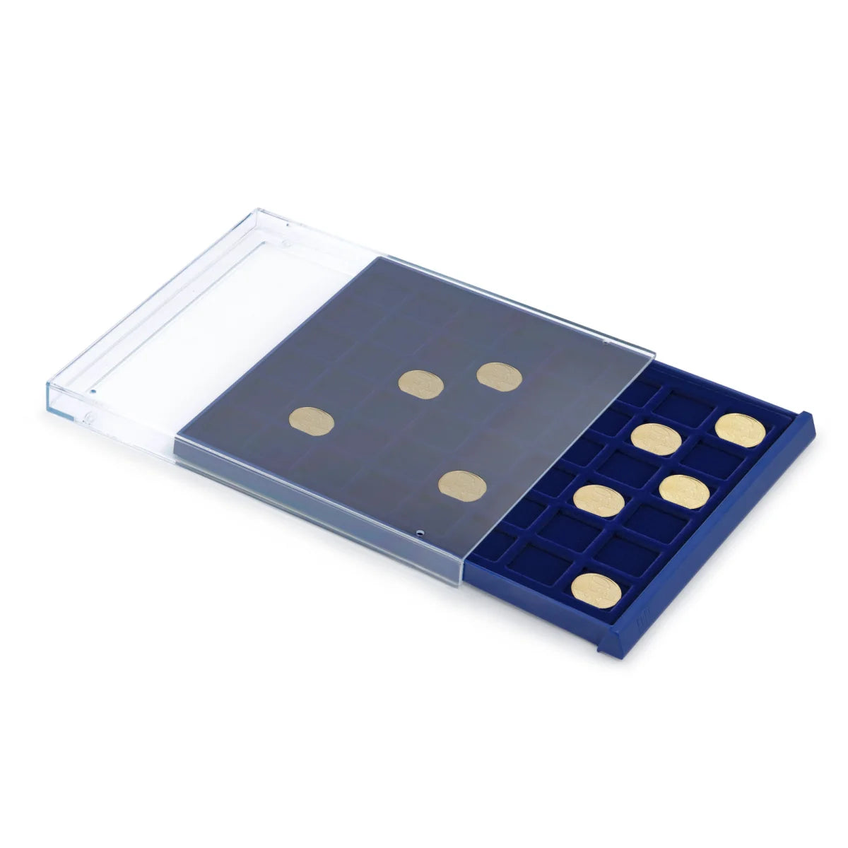 Open acrylic stackable drawer unit with a blue velvet tray and square compartments with a collection of gold coins on a white background