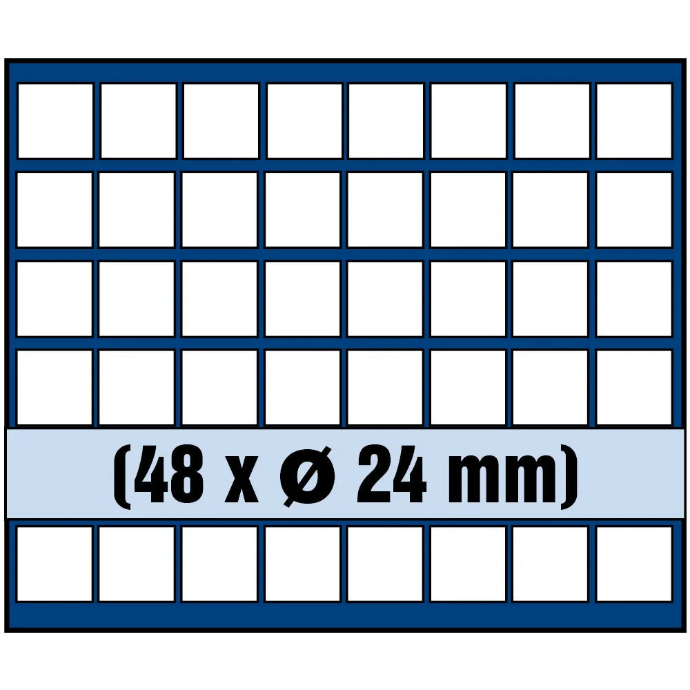 Grid illustration of Nova coin tray with white squares representing the compartments and written dimensions 48 x Ø 24mm on a white background
