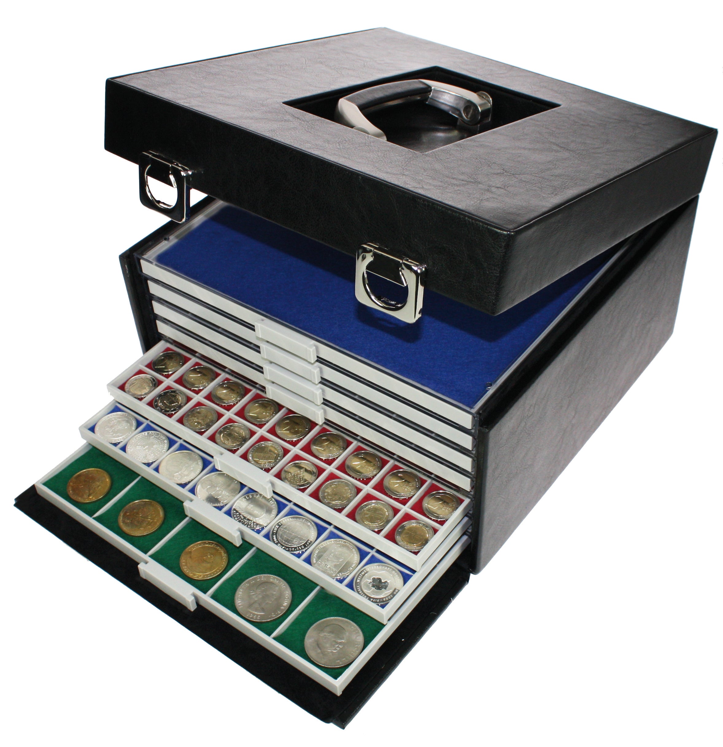 Black coin case open with a handle and snaplock, displaying a stack of coin drawers open with coins on a white background