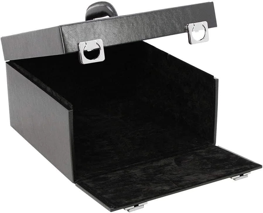 Black coin case open with a black interior, a handle and two snaplocks on a white background
