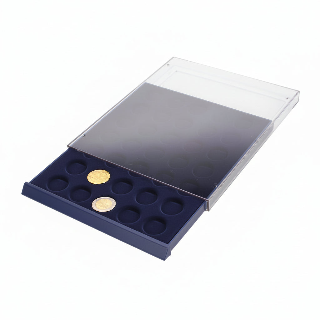 Open acrylic stackable drawer unit with a blue velvet tray and circular compartments with coins on a white background
