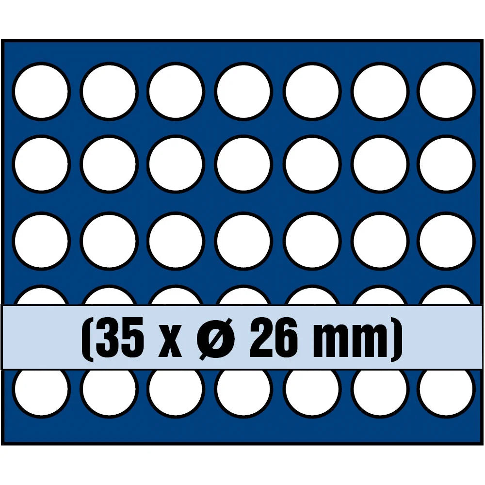 Grid illustration of Nova coin tray with white circles representing the compartments and written dimensions 35 x Ø 26mm on a white background
