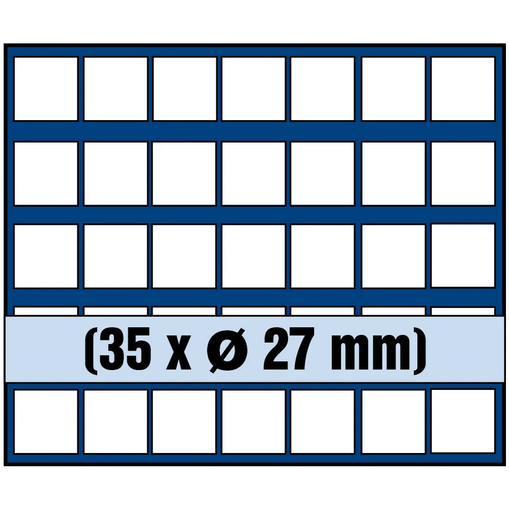 Grid illustration of Nova coin tray with white squares representing the compartments and written dimensions 35 x Ø 27mm on a white background