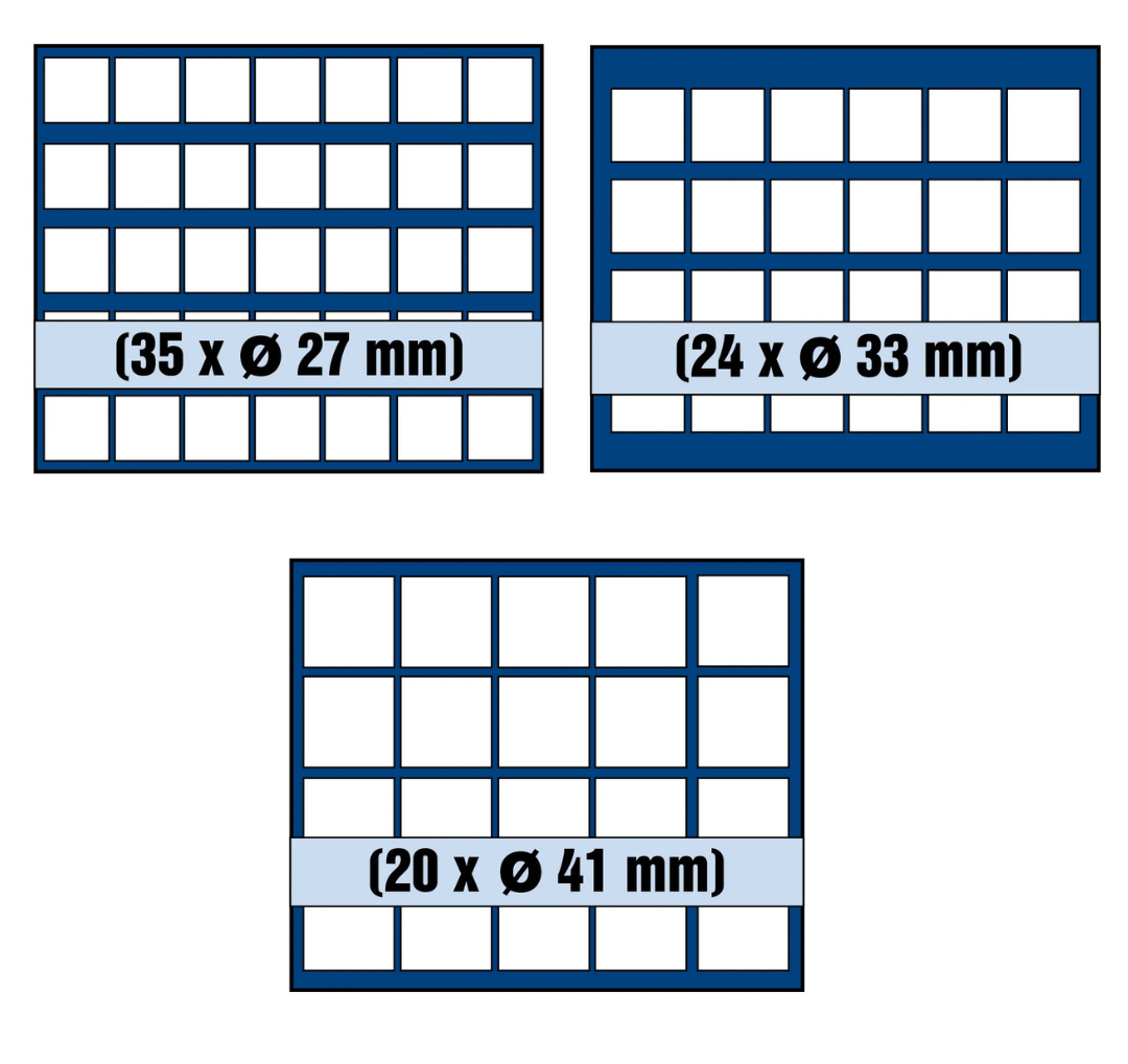 Blue grid pattern illustrated representing the coin tray layout with number of compartments and compartment dimensions on a white background