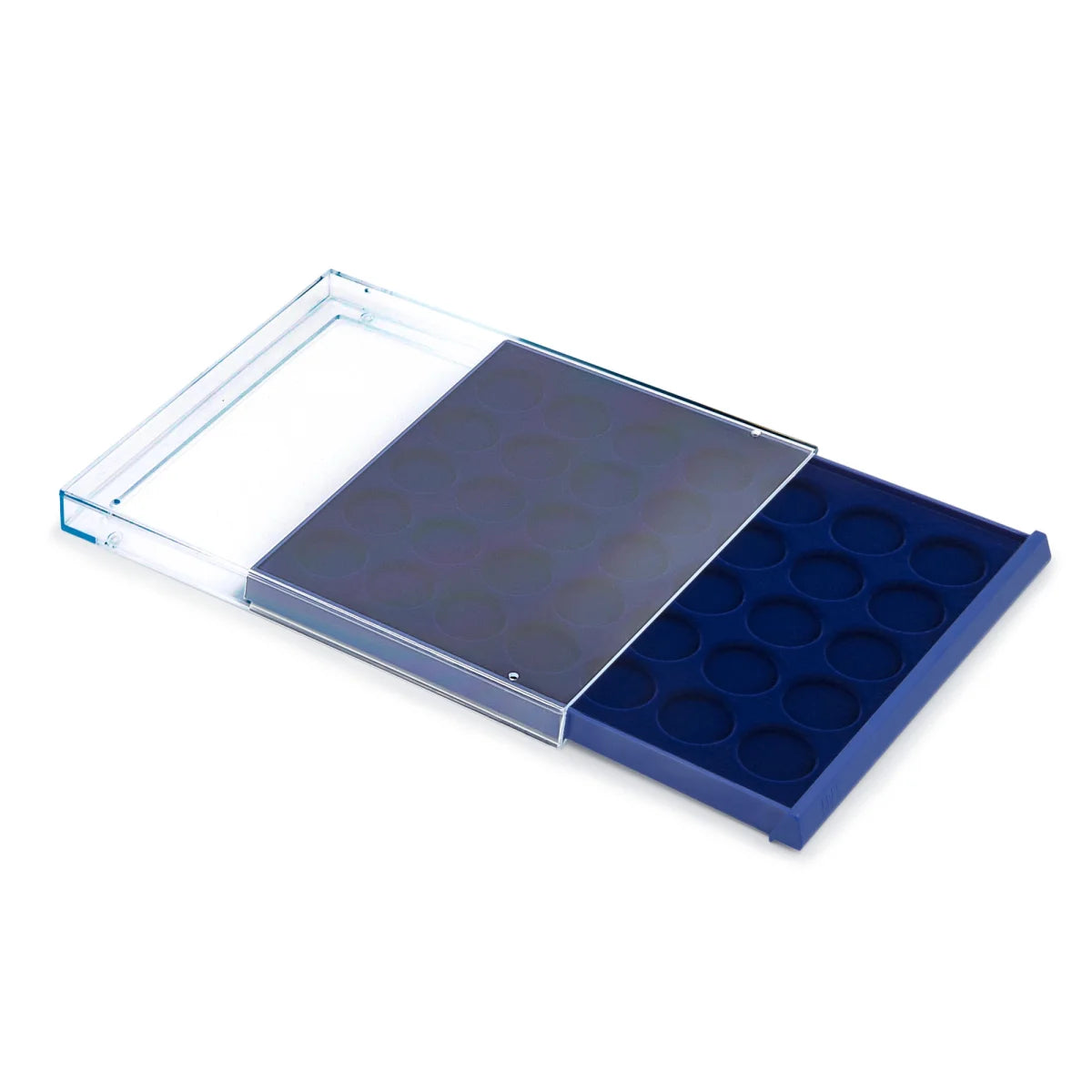 Open acrylic stackable drawer unit with a blue velvet tray and circular compartments for coins on a white background