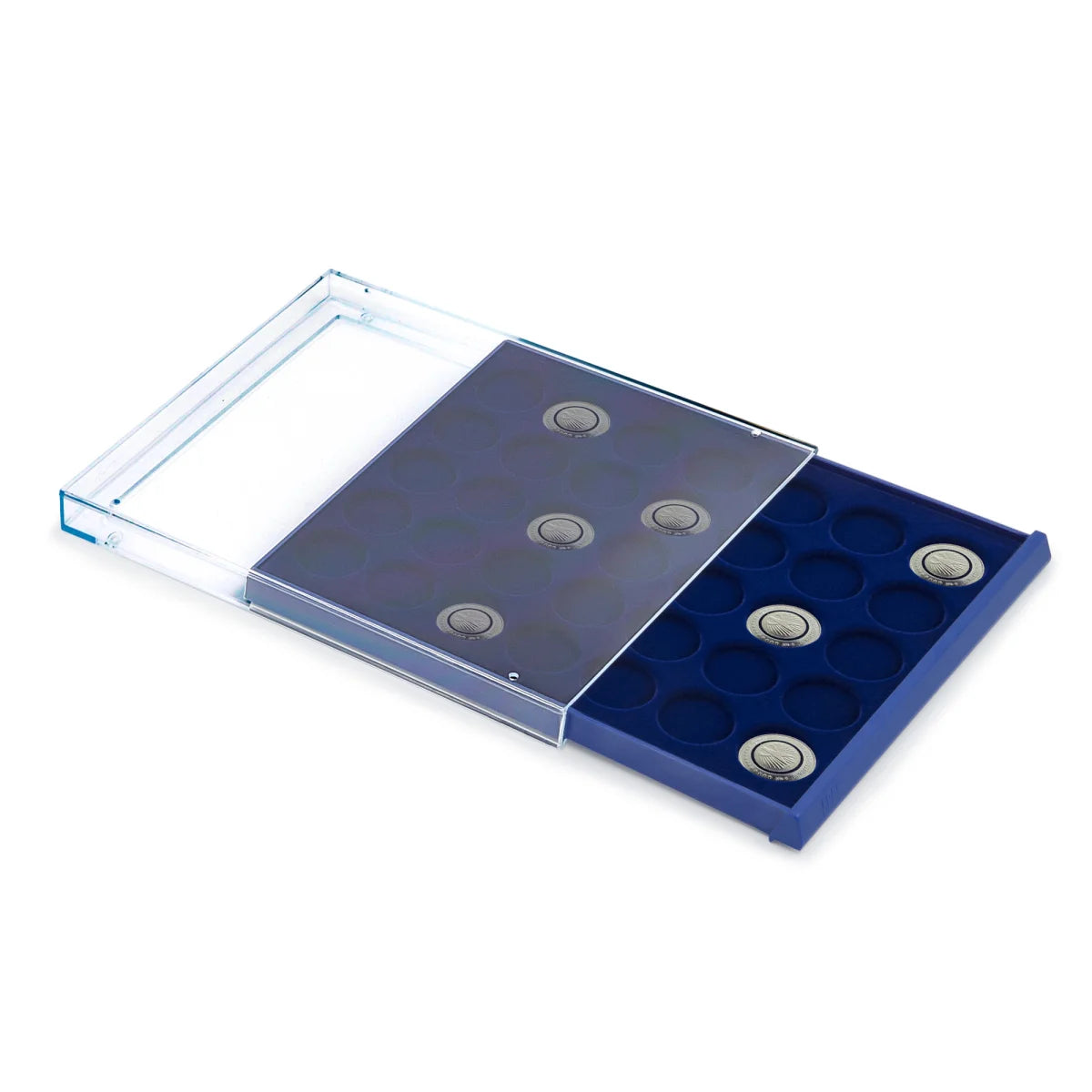 Open acrylic stackable drawer unit with a blue velvet tray and circular compartments with a collection of coins on a white background