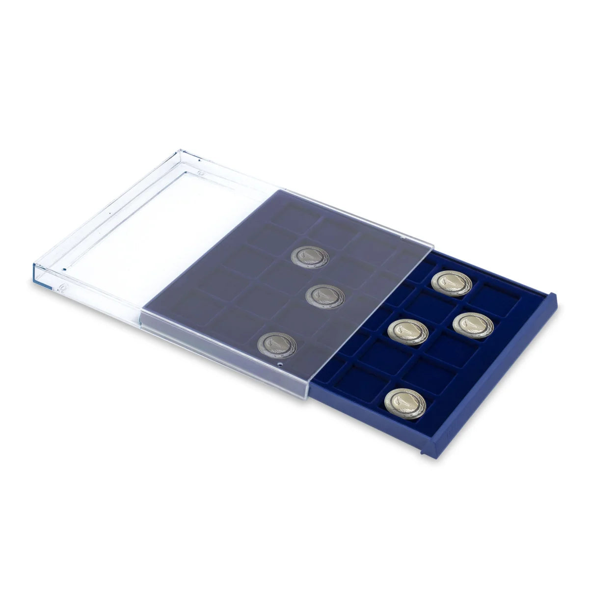 Open acrylic stackable drawer unit with a blue velvet tray and square compartments with coins on a white background