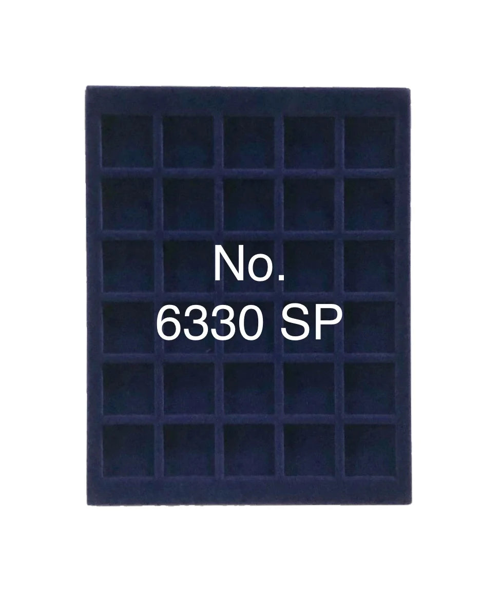 Overhead shot of a blue velvet tray and square compartments for coin collections and the product SKU written on a white background