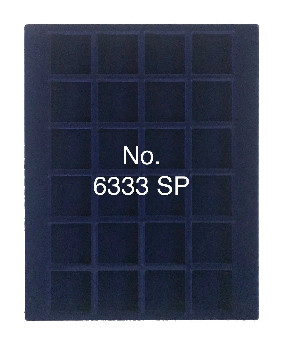 Overhead shot of a blue velvet tray and square compartments for coin collections and the product SKU written on a white background