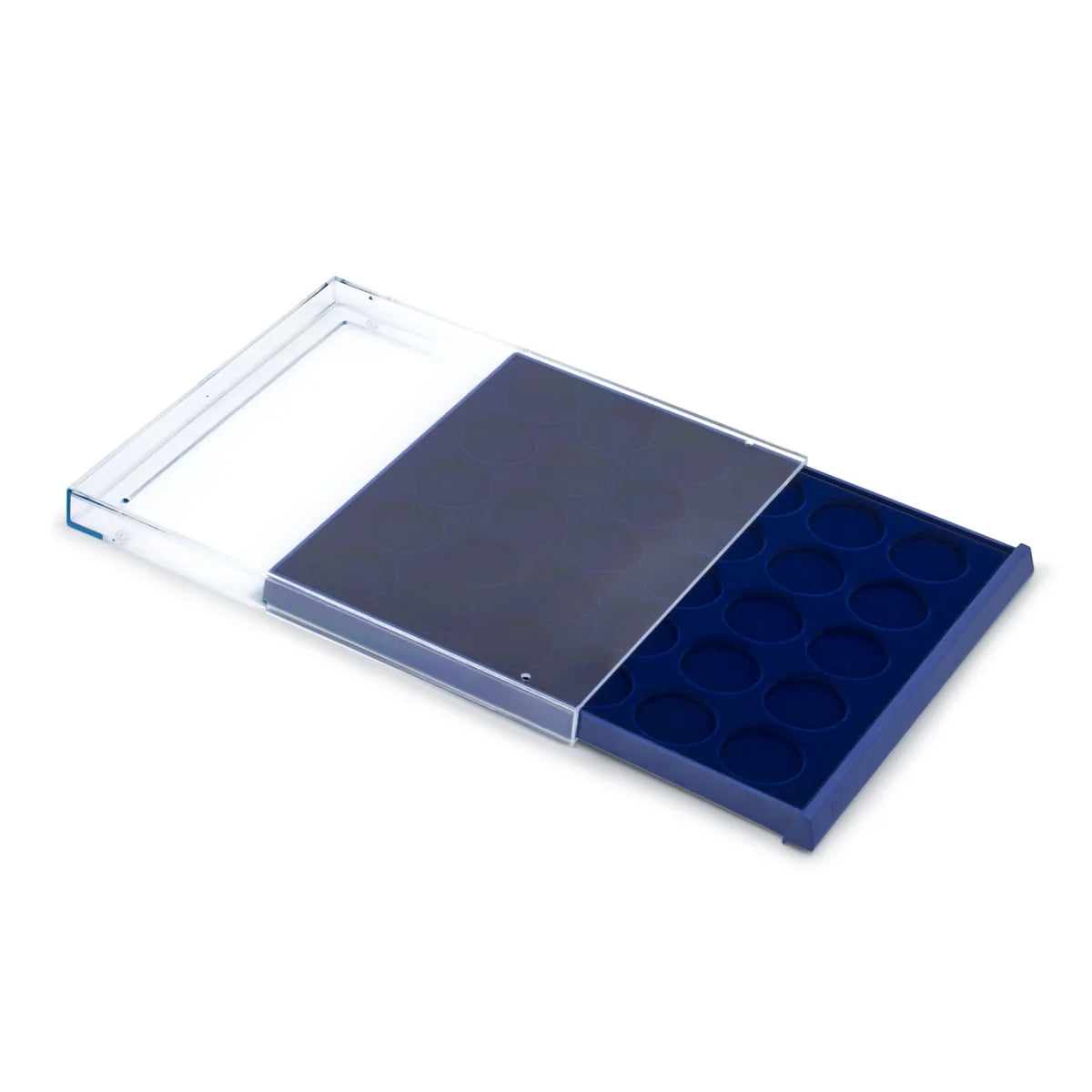 Open acrylic stackable drawer unit with a blue velvet tray and circular compartments for coins on a white background