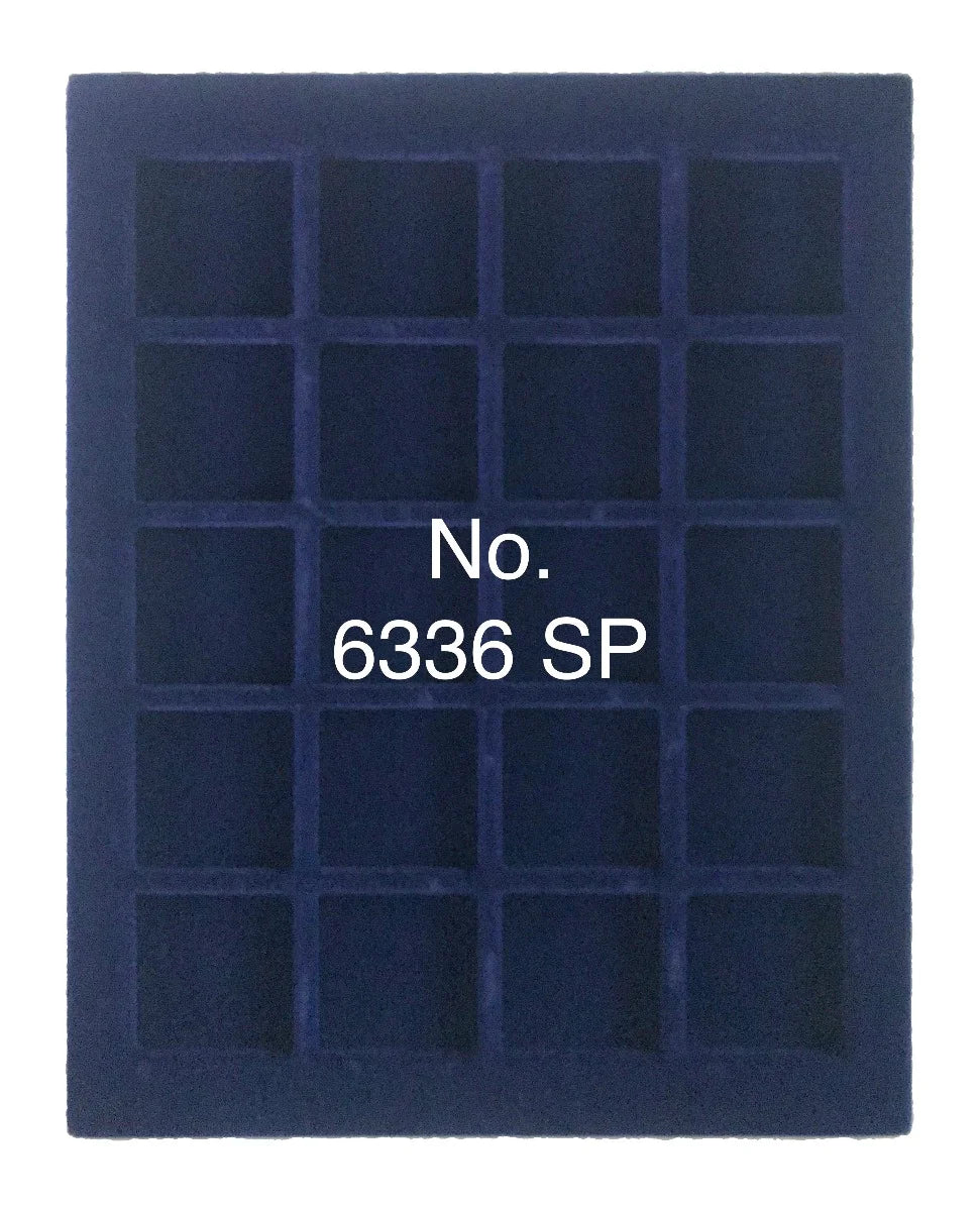 Overhead shot of a blue velvet tray and square compartments for coin collections and the product SKU written on a white background