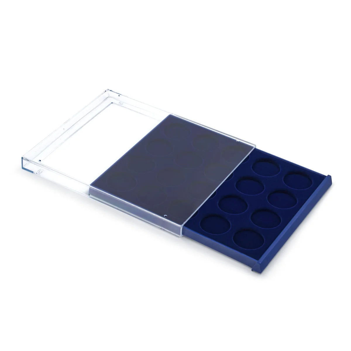 Open acrylic stackable drawer unit with a blue velvet tray and circular compartments for coins on a white background