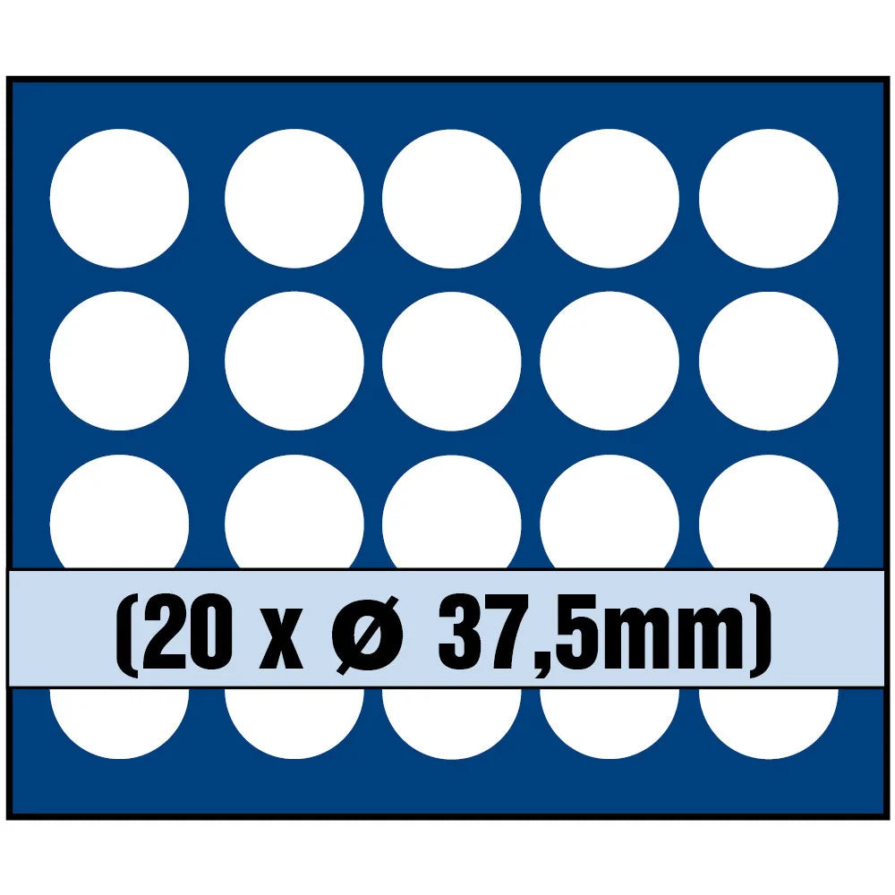 Grid illustration of Nova coin tray with white squares representing the compartments and written dimensions 20 x Ø 37.5mm on a white background