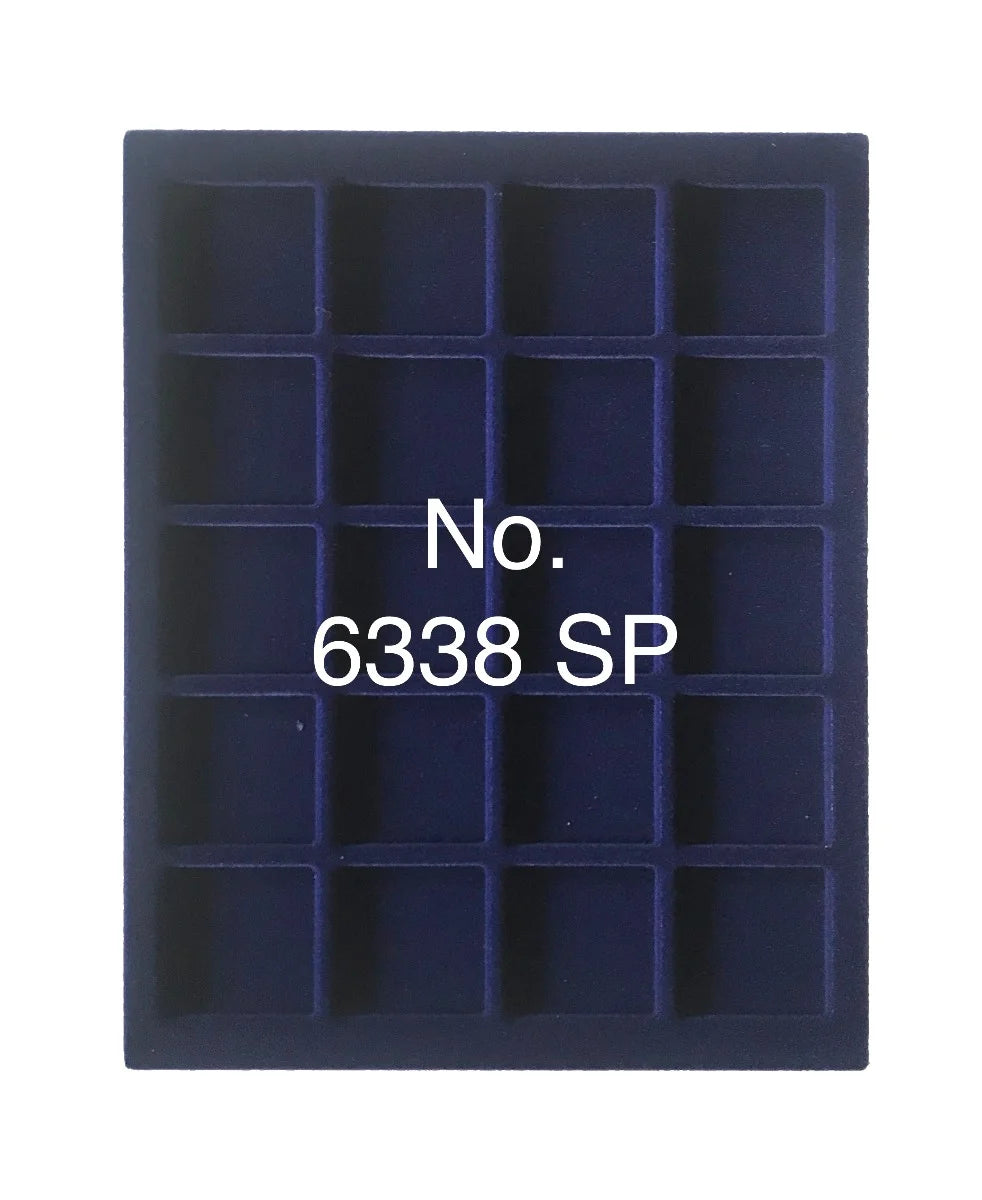Overhead shot of a blue velvet tray and square compartments for coin collections and the product SKU written on a white background