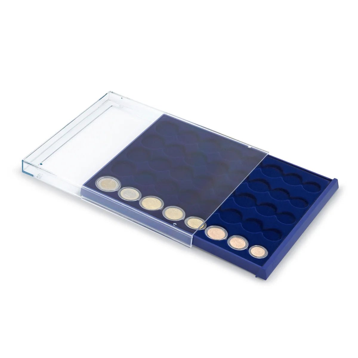 Open acrylic stackable drawer unit with a blue velvet tray and circular compartments holding euro coin sets on a white background