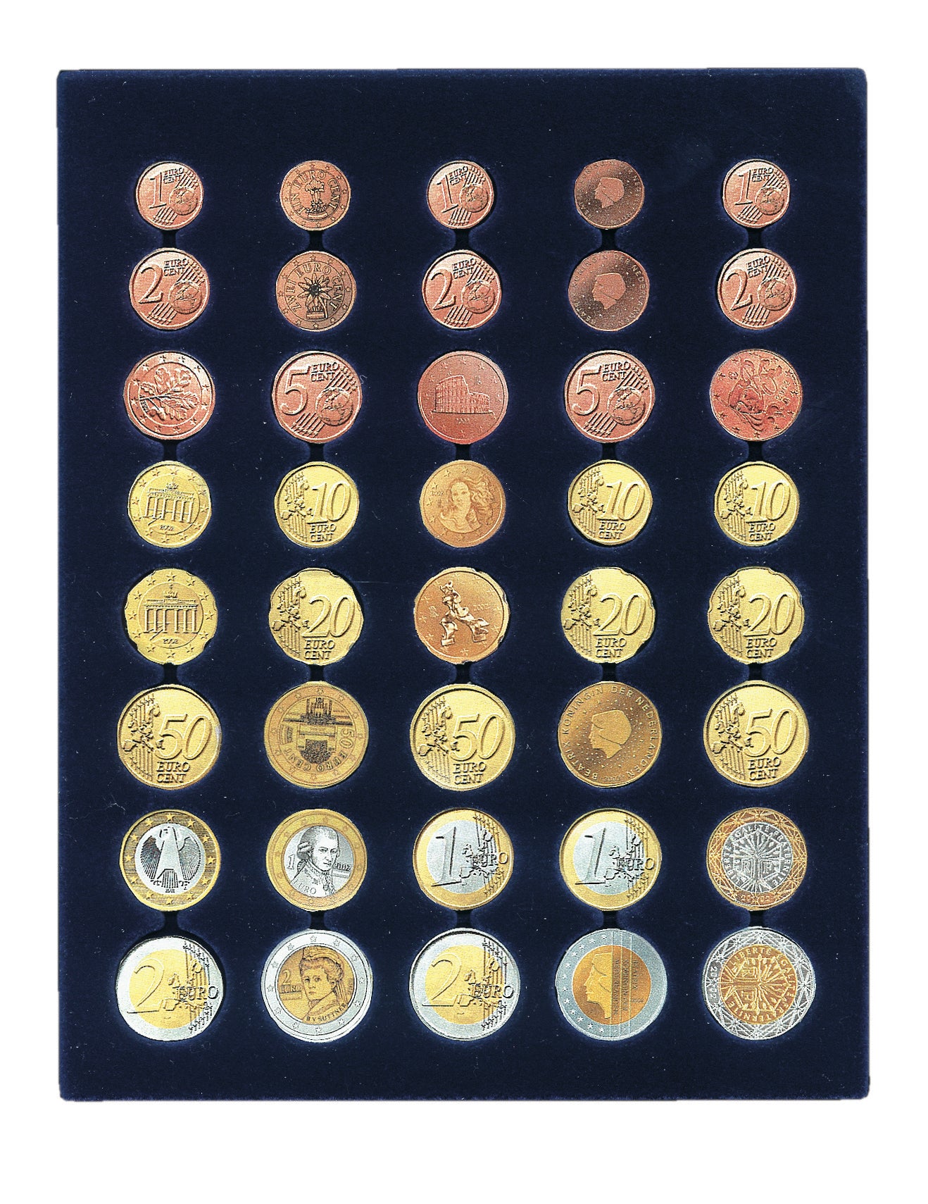 Overhead shot of a blue velvet tray and circular compartments holding euro coin sets on a white background