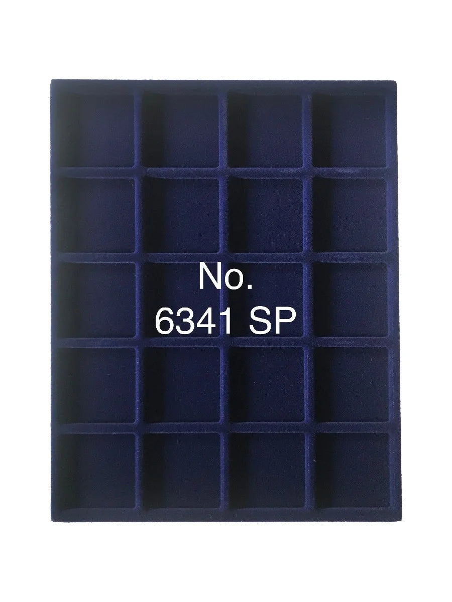 Overhead shot of a blue velvet tray and square compartments for coin collections and the product SKU written on a white background
