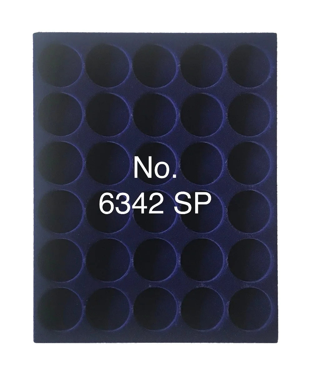Overhead shot of a blue velvet tray and circle compartments for coin collections and the product SKU written on a white background