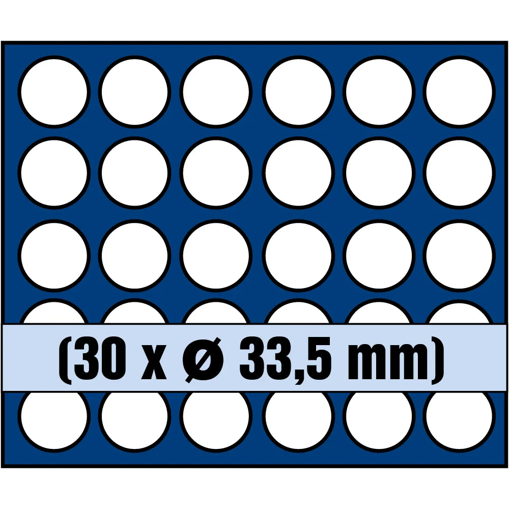 Grid illustration of Nova coin tray with white circles representing the compartments and written dimensions 30 x Ø 33.5mm on a white background