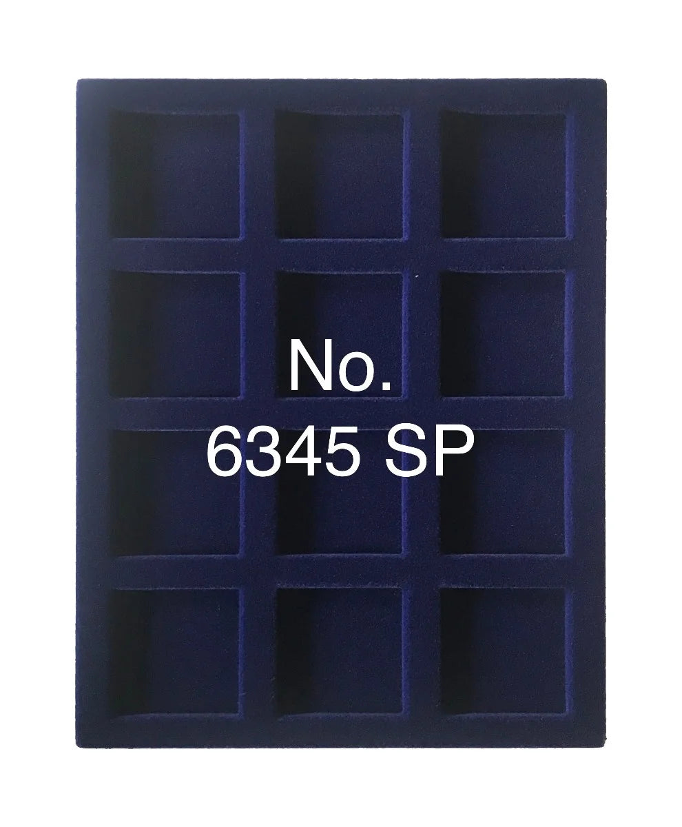 Overhead shot of a blue velvet tray and square compartments for coin collections and the product SKU written on a white background