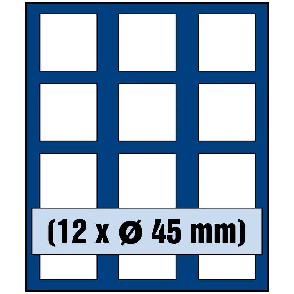 Grid illustration of Nova coin tray with dimensions 12 x Ø 45 mm on a white background