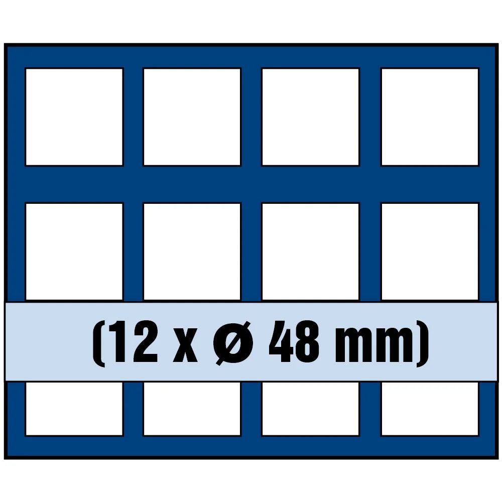 Grid illustration of Nova coin tray with white squares representing the compartments and written dimensions 12 x Ø 48mm on a white background
