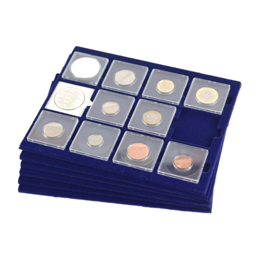 Set of blue coin trays with 2x2 coin holders on a white background