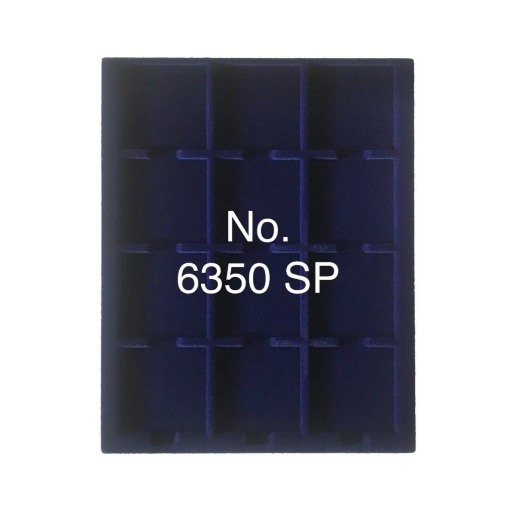Overhead shot of a blue velvet tray and square compartments for coin collections and the product SKU written on a white background