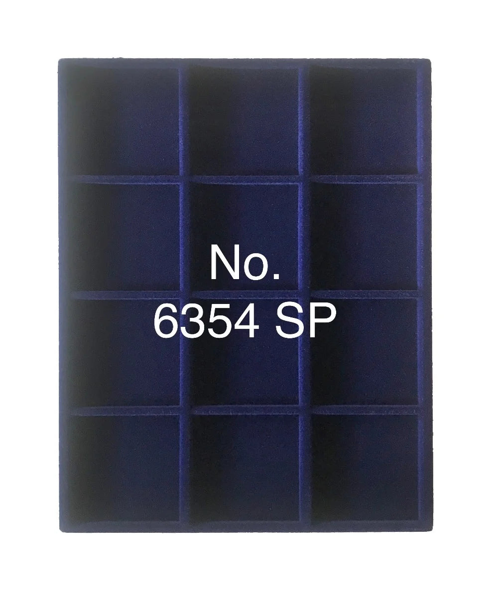 Overhead shot of a blue velvet tray and square compartments for coin collections and the product SKU written on a white background