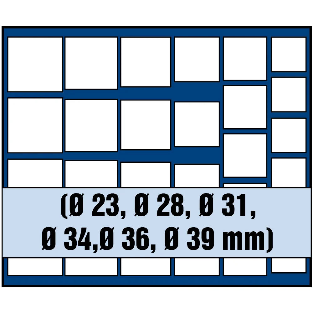 Grid illustration of Nova coin tray with white squares representing the compartments and written maximum coin diameters on a white background